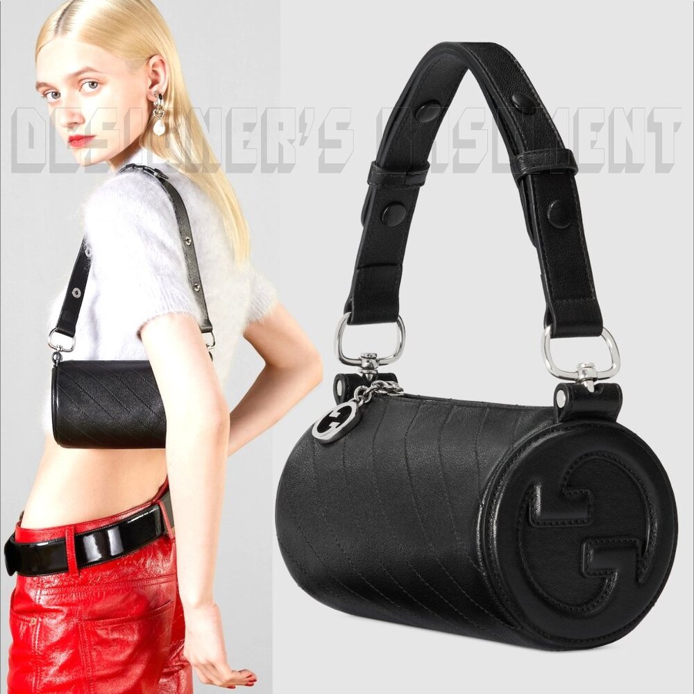 GUCCI black BLONDIE MINI Matelasse Leather Cylinder Interlocking G charm Bag +🎁